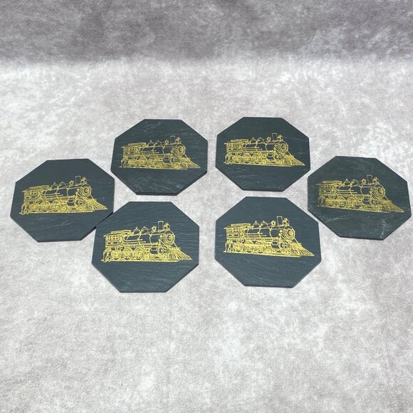 Genuine Slate Coasters Set Of 6 With Train Design By Giffard & White - Picture 3 of 7